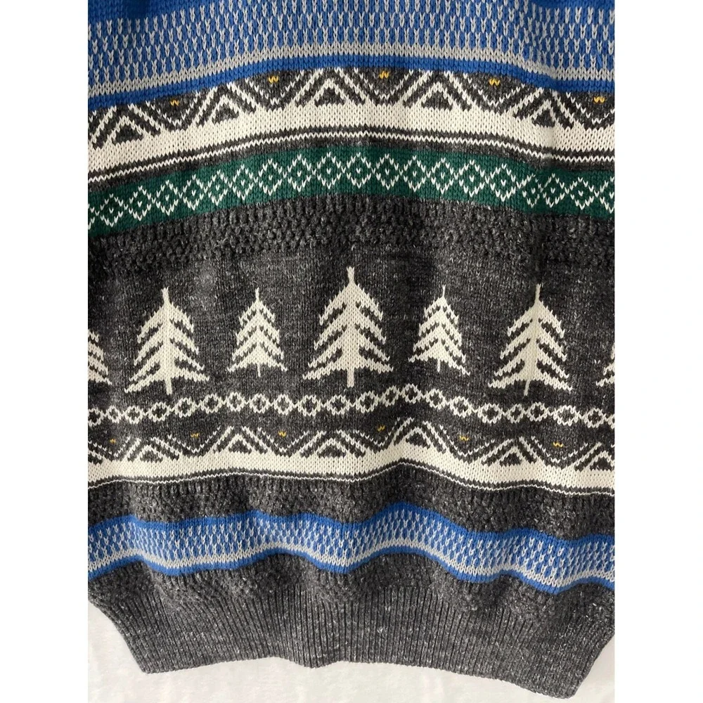 Chaps Mens Fair Isle Dog Pine Tree Sweater Grey Blue Cotton Blend Small Preppy